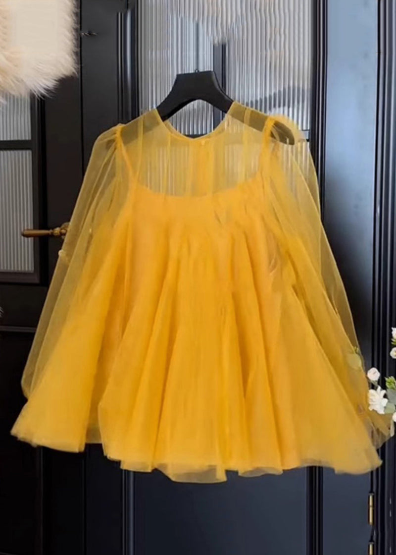 Simple Yellow O-neck Tulle Two Piece Set Fall