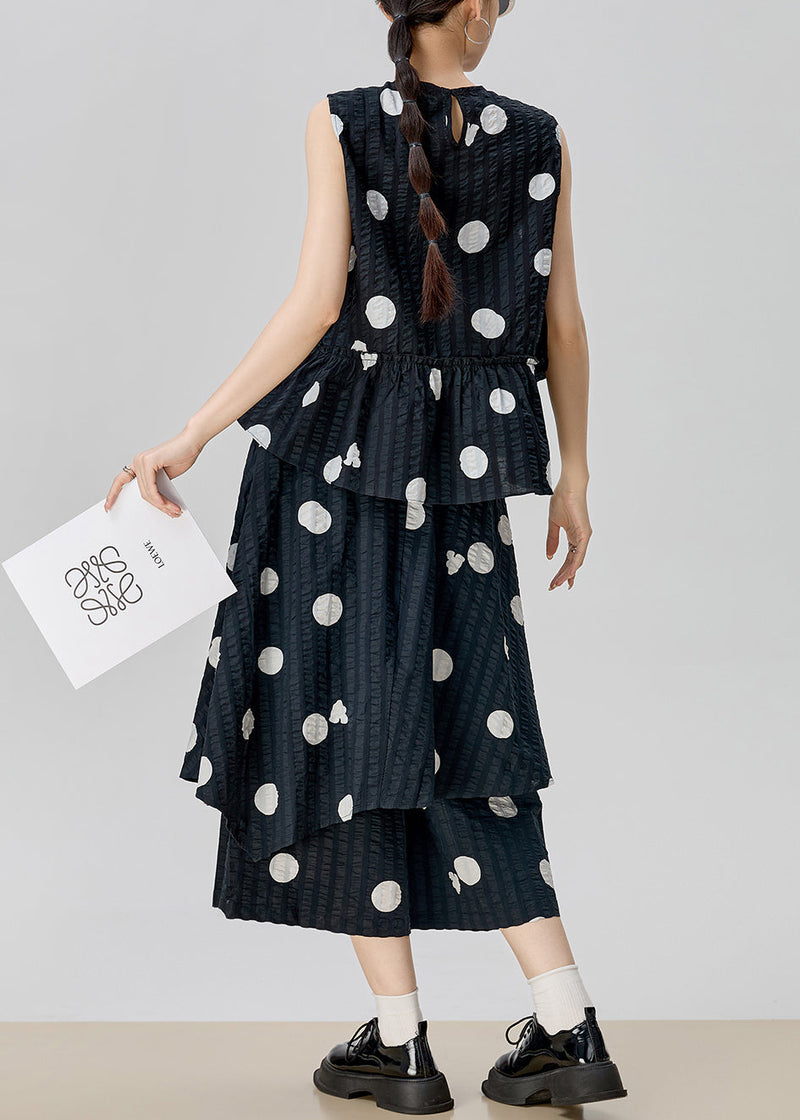 New Black Dot Tops and Pants Skirt Cotton Two Piece Set Sleeveless