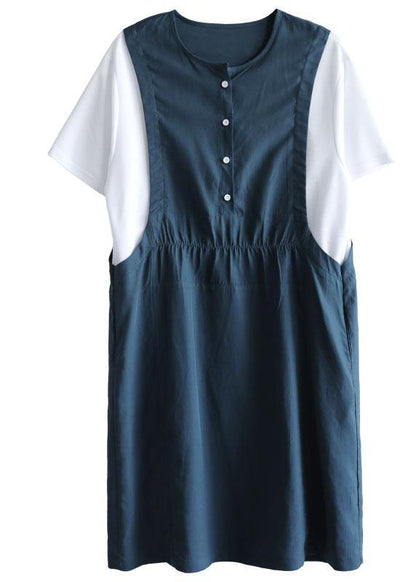 Organic Navy Patchwork Button Summer Short Sleeve Sundress