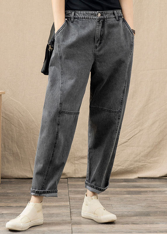 Grey Elastic Waist Pockets Patchwork Cotton Denim Harem Pants Summer