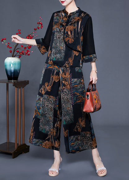 Black Stand Collar Patchwork Print Silk Two Pieces Set Bracelet Sleeve