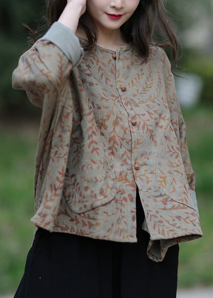 Grey Green O-neck Button Cotton Coats Spring