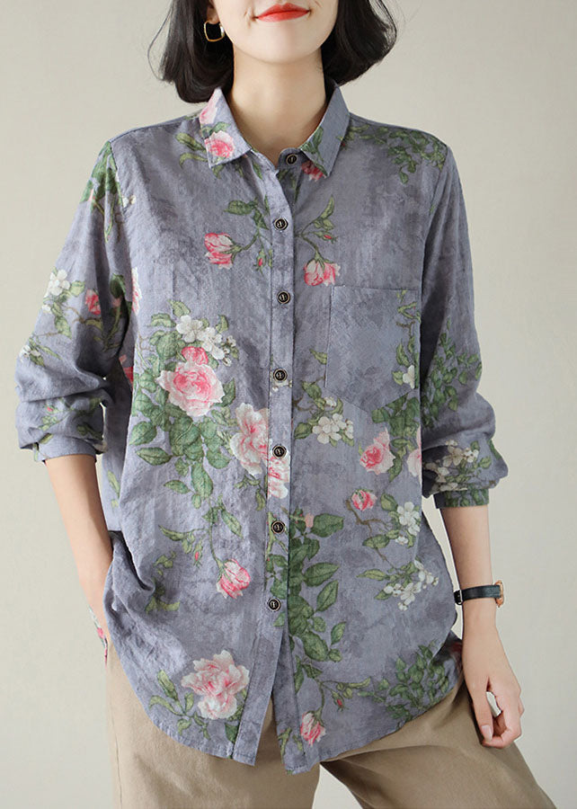 Diy Purple Peter Pan Collar Pockets Button Print Fall Blouses Long Sleeve