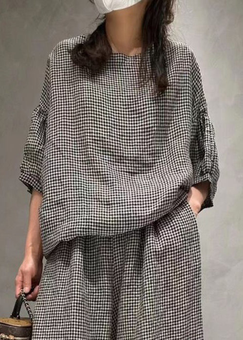 French Small Plaid O-neck Pockets Cotton Two Pieces Set Half Sleeve