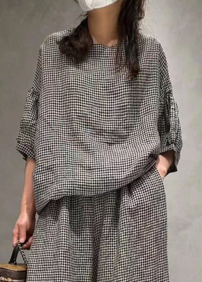 French Small Plaid O-neck Pockets Cotton Two Pieces Set Half Sleeve