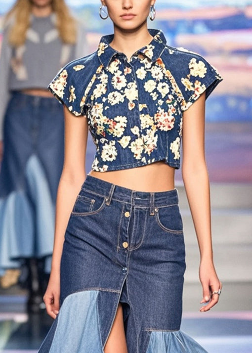 Blue Asymmetrical Patchwork Ruffles Denim Wraped Skirts Spring