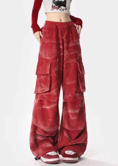 Spring Red Tie Dyed Pocket Corduroy Straight Pants