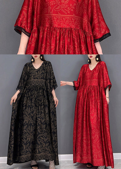 Red Chinese Style Silk Long Dress Wrinkled Short Sleeve Fall