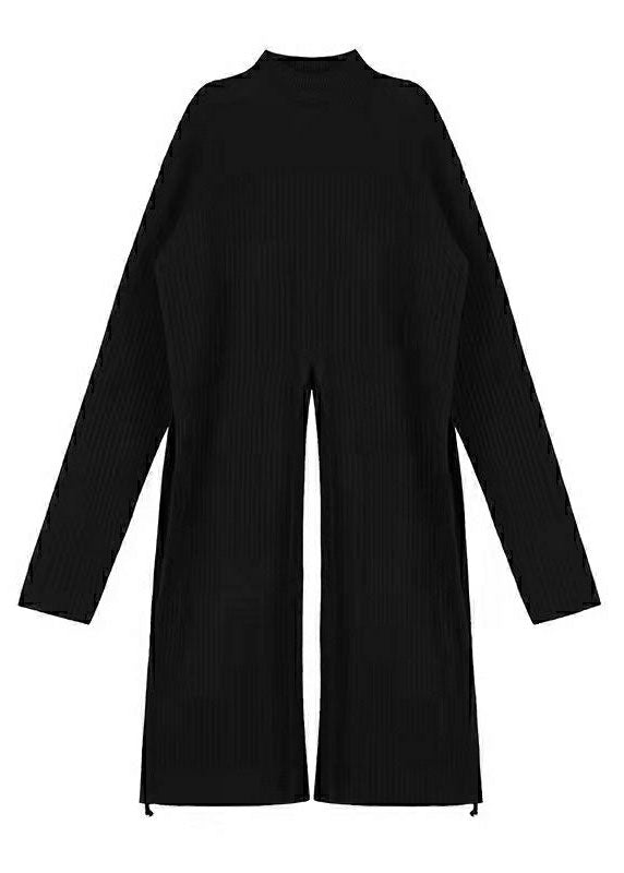 Boutique Black Stand Collar Front Open Knit Tops and Skirts Two Pieces Set Spring
