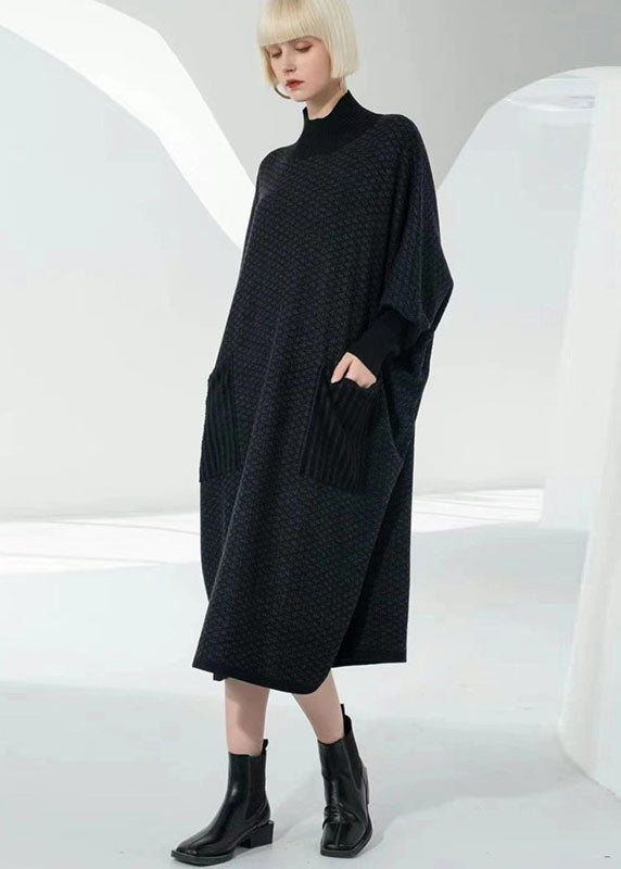 Chocolate Turtle Neck Patchwork Pockets Wool Sweater Dress Long Sleeve