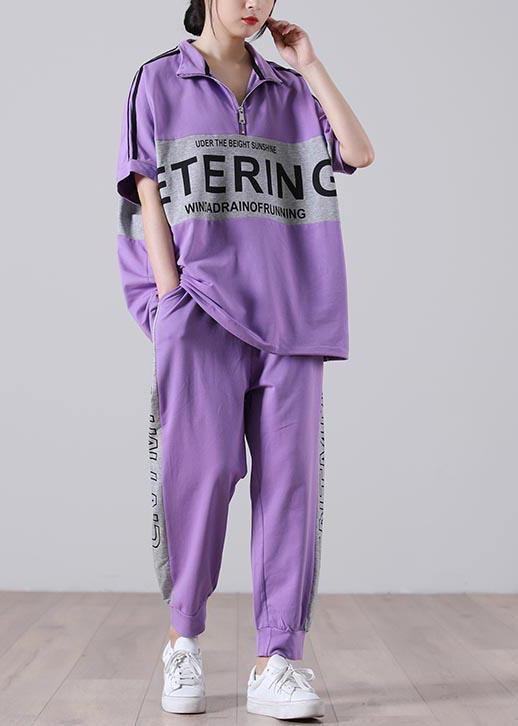 Natural Light Purple Graphic Zippered Two Pieces Set Summer Cotton