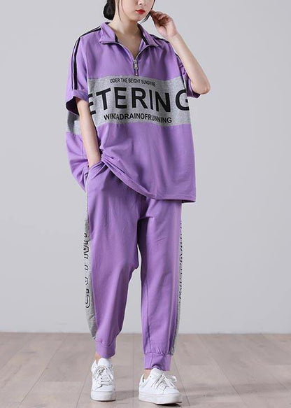 Natural Light Purple Graphic Zippered Two Pieces Set Summer Cotton