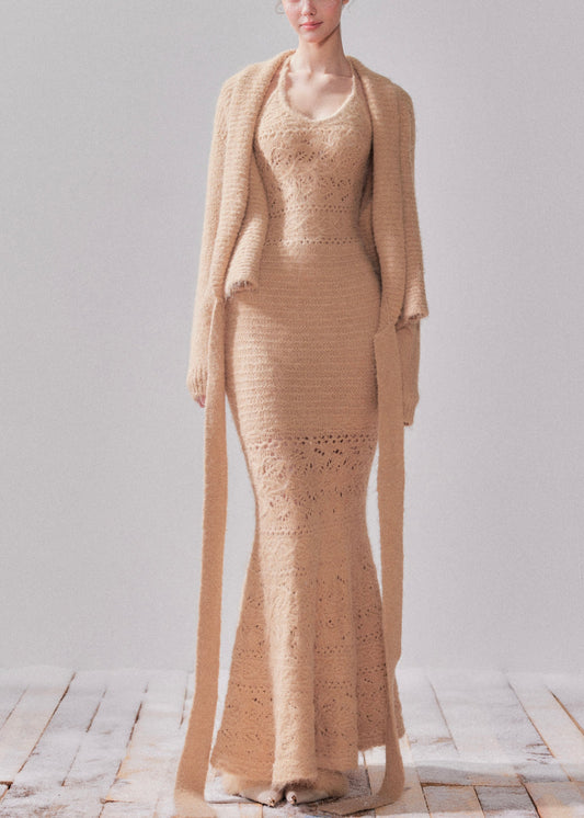 Handmade Khaki Hollow Out Cotton Knit Cardigans and Long Fishtail Dress Two Pieces Set Fall