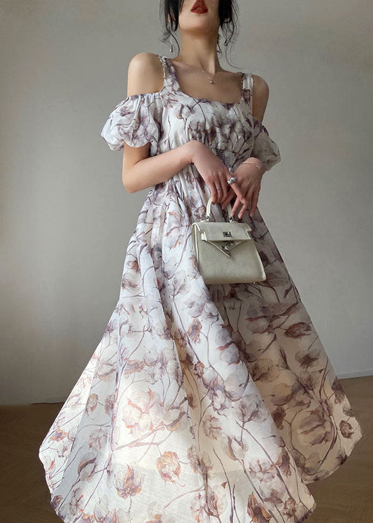 White Elastic Waist Cold Shoulder Print Silk Strap Dresses Puff Sleeve