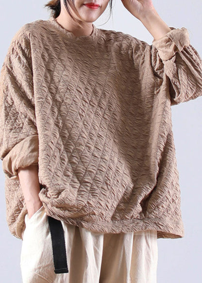 Khaki Loose O-neck Fall Sweatshirt