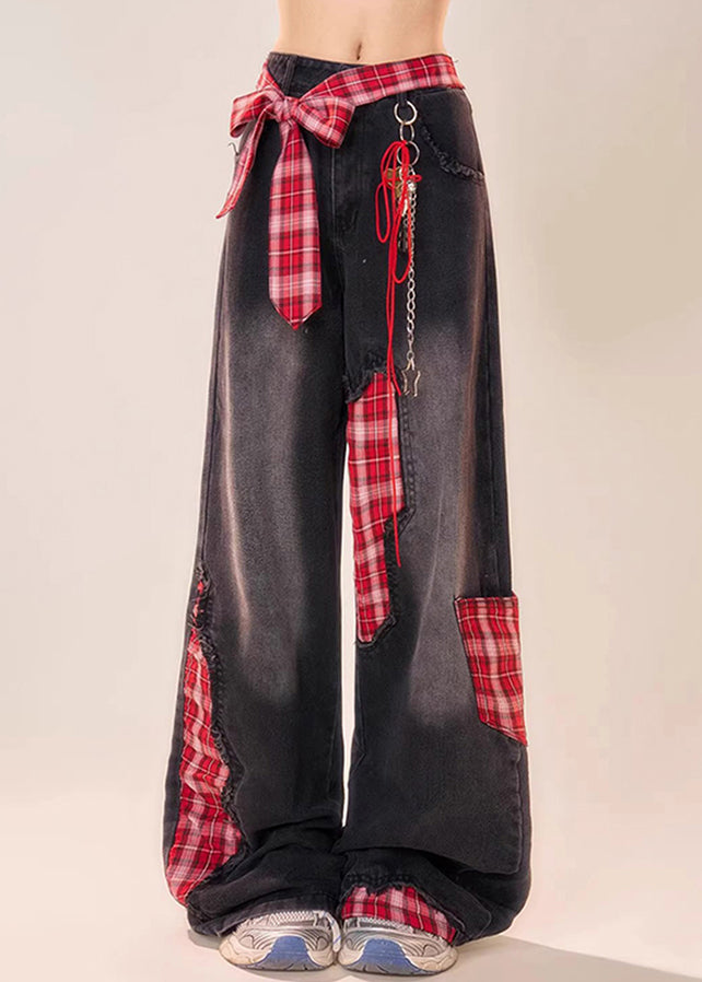 Black Bow Plaid Patchwork Denim Wide Leg Pants Fall