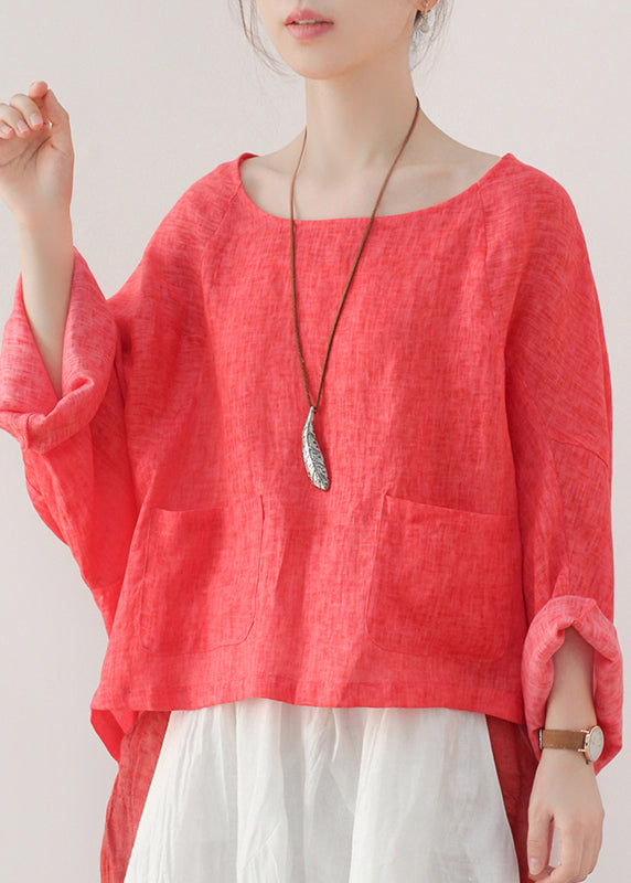 Orange Pockets Linen Pullover Sweatshirt Batwing Sleeve