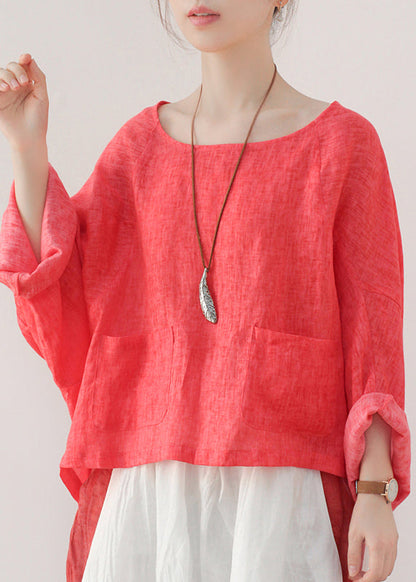 Orange Pockets Linen Pullover Sweatshirt Batwing Sleeve
