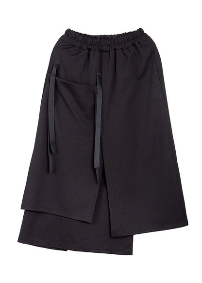 Black Asymmetrical Patchwork Pockets Elastic Waist Skirts Fall