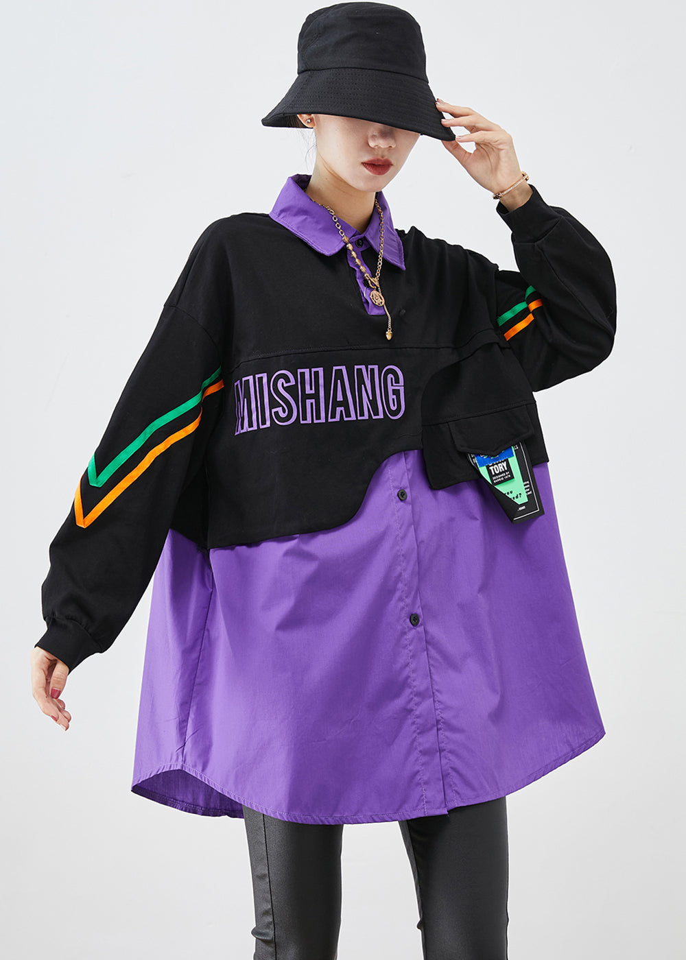 Purple Oversized Patchwork Cotton Fake Two Piece Sweatshirts Top Fall