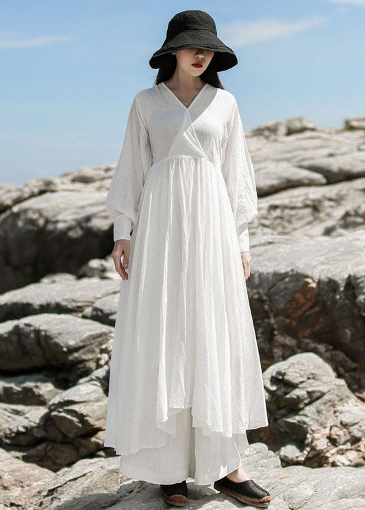 White V Neck Patchwork Maxi Dresses Spring