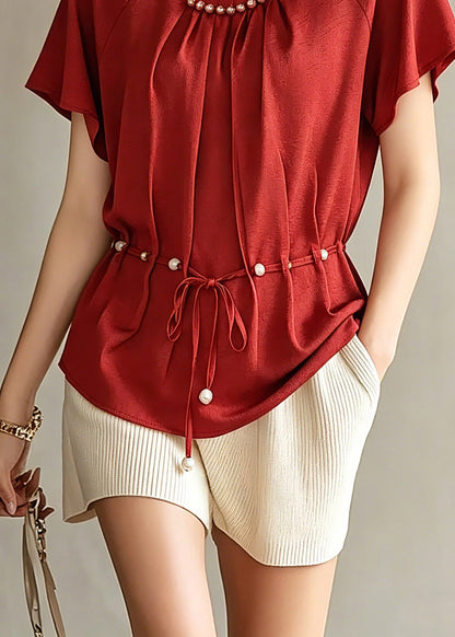 Red Wrinkled Tie Waist Chiffon Top Short Sleeve
