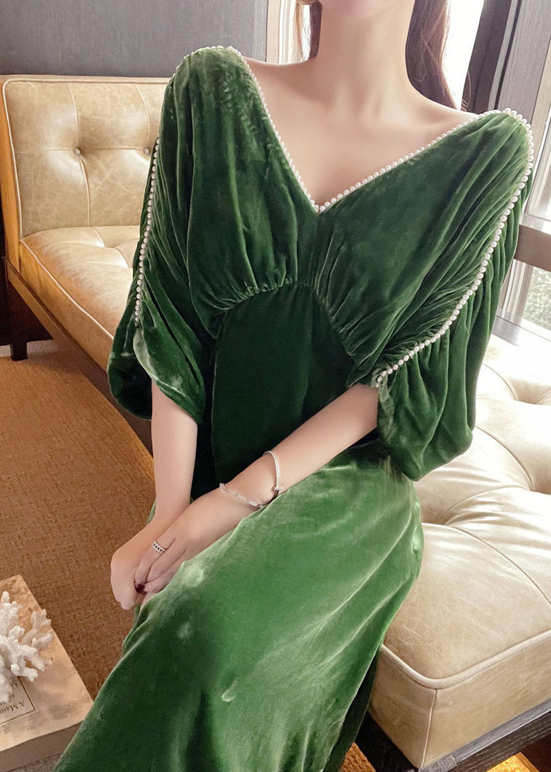 Green V Neck Nail Bead Tunic Velour Maxi Dress Half Sleeve