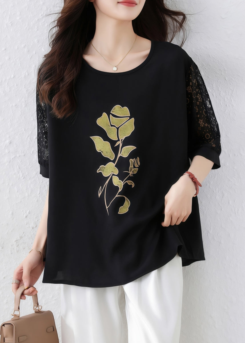 Black Print Lace Hollow Out Cotton T Shirt Half Sleeve