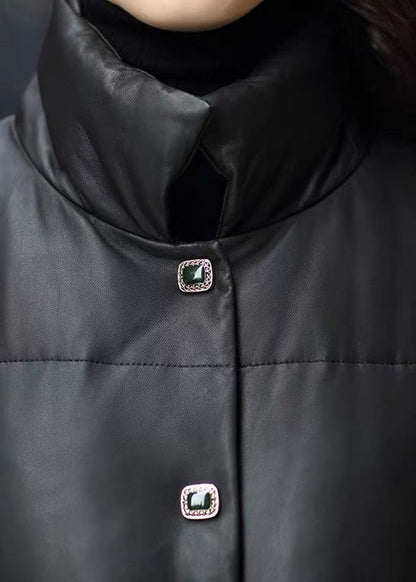 Black Stand Collar Drawstring Sheepskin Duck Down Filled Jacket Winter