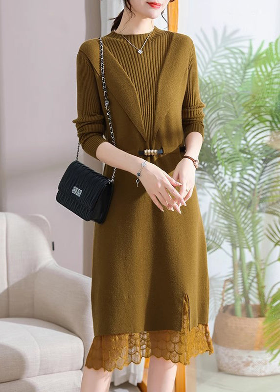 Slim Fit Black Stand Collar Lack Patchwork Llong Cotton Knit Sweater Dress Fall