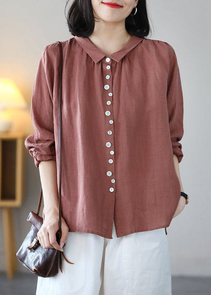 Pink Linen Blouse Top Turn-down Collar Button Long Sleeve
