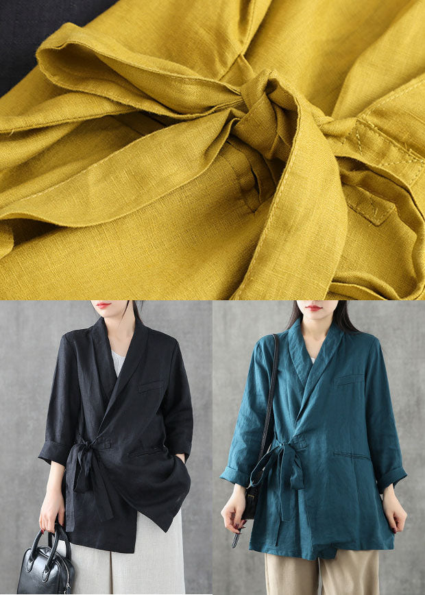 Blue Green Peter Pan Collar Tie Waist Linen Coats Long Sleeve