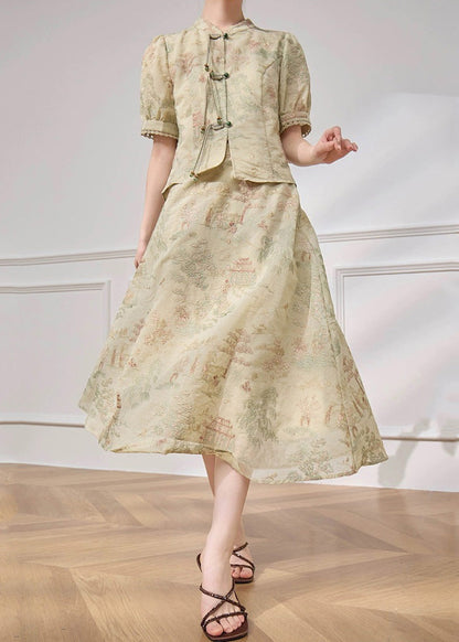 Jacquard Light Green Button Tops and Skirts Two Pieces Set Summer