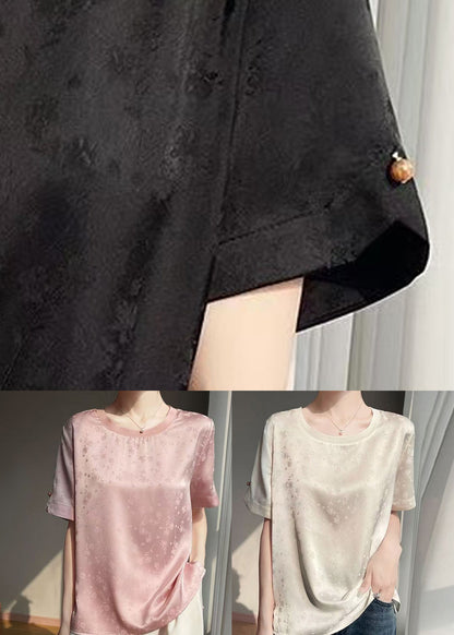 Jacquard Pink O Neck Side Open Silk T Shirt Summer