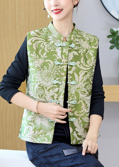 Green Stand Collar Print Button Silk Waistcoat Sleeveless