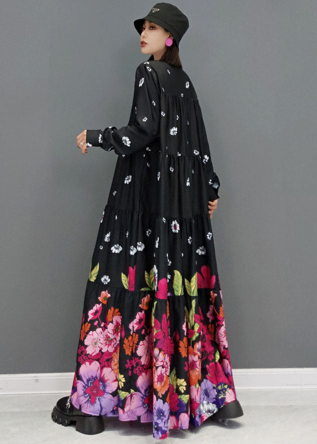 Black Stand Collar Print Cotton Long Dress Long Sleeve