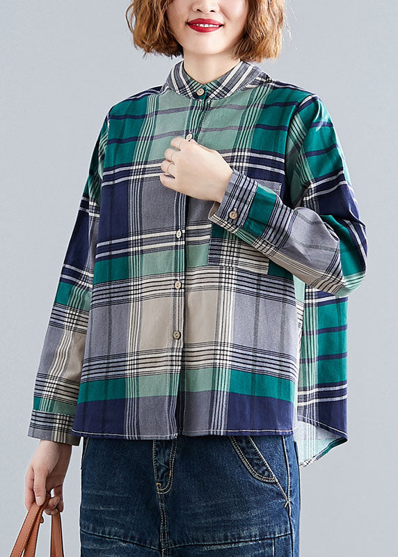 Art Green Pockets Button Patchwork Fall Plaid Long Sleeve Top