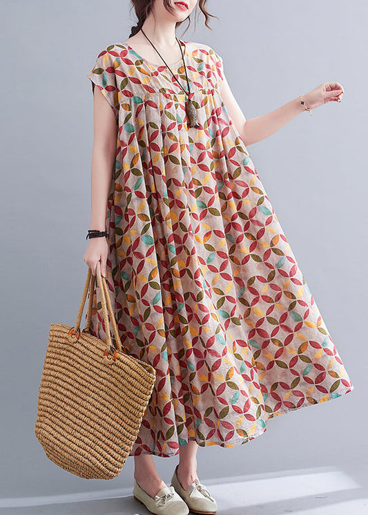 Khaki Cotton Original Dresses O-neck Wrinkled Short Sleeve
