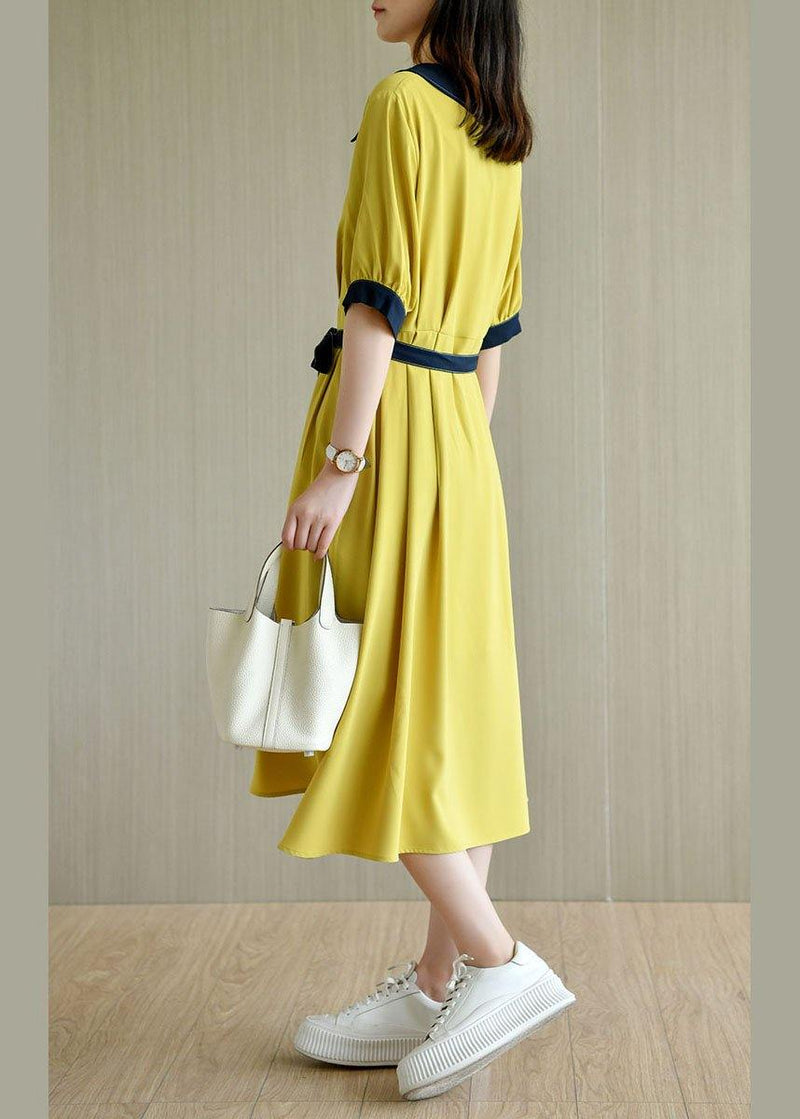 Handmade Yellow Square Collar Button Summer Chiffon Dresses Half Sleeve