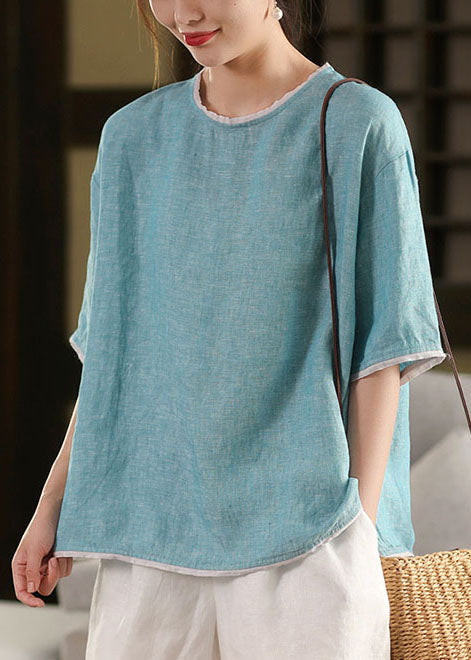 Art Blue O-neck Patchwork Linen Tank Tops Half Sleeve