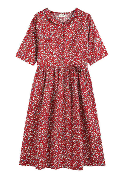 Red Cinched Print Button Cotton Long Dress Half Sleeve