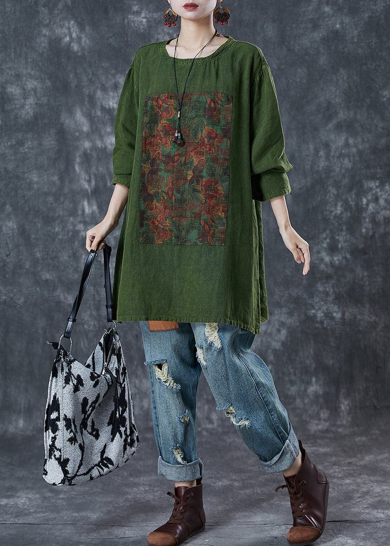 Green Print Linen Sweatshirts Top Oversized Fall