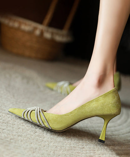 Green Stiletto Suede Splicing Pointed Toe Zircon