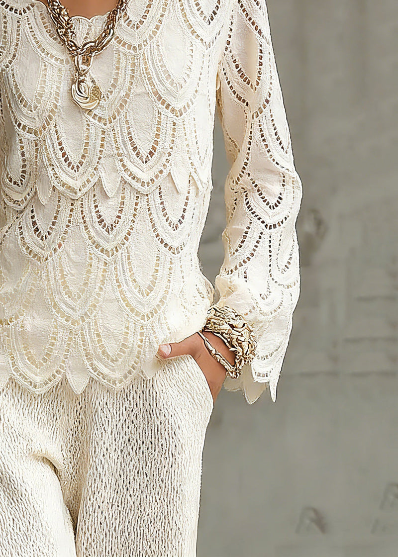 Novelty Beige Hollow Out Lace Tops Spring
