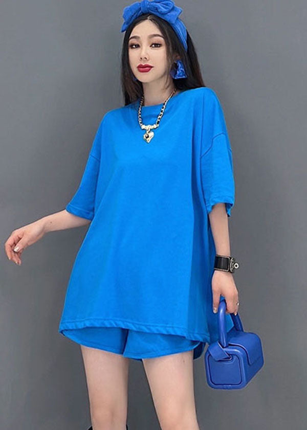 Blue O-neck Backless Cotton Tanks and Shorts Two-piece Set Summer