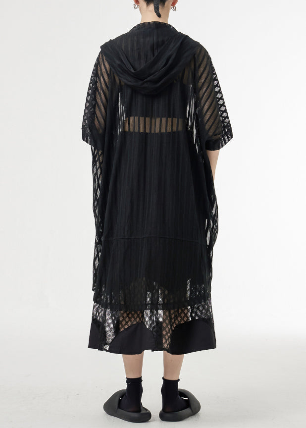 Black Zippered Pockets Patchwork Tulle Upf 50+ Coat Hooded Summer