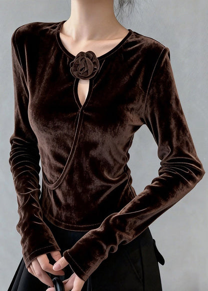 Coffee O Neck Hollow Out Silk Velour T Shirt Top Winter