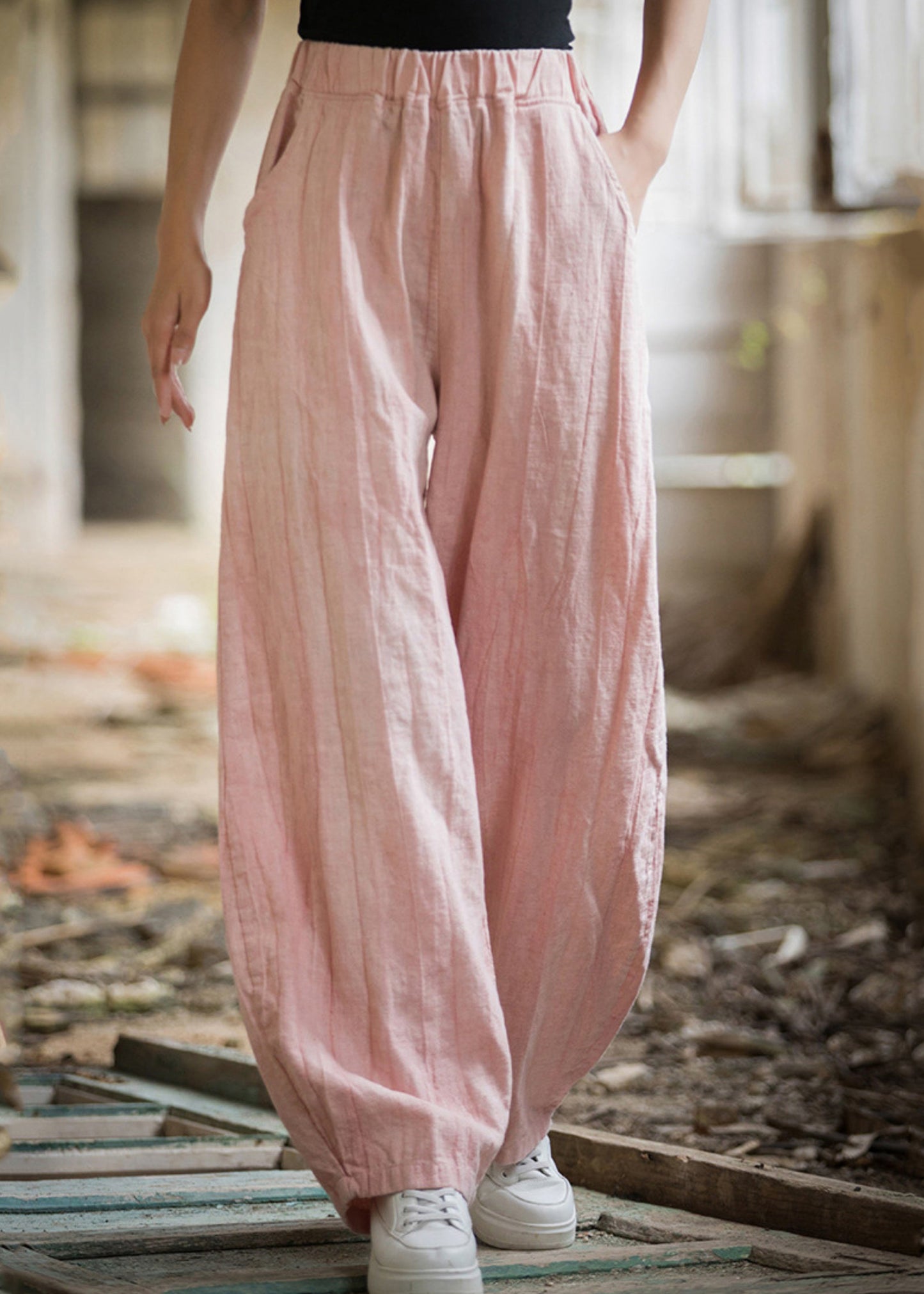 Pink High Waist Linen Wide Leg Pants Pockets