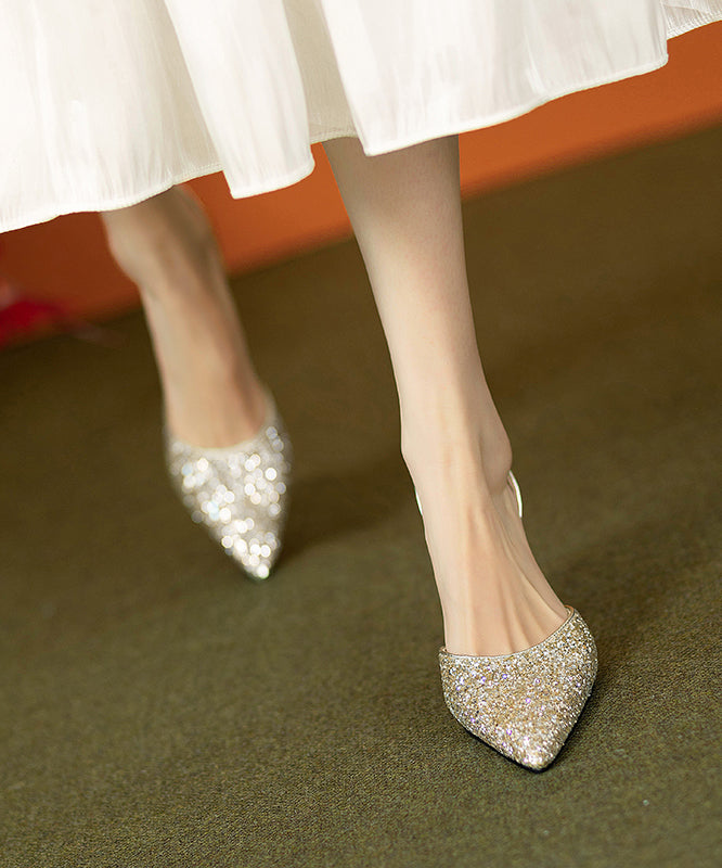 Apricot Stiletto High Heels Faux Leather Splicing Sequins
