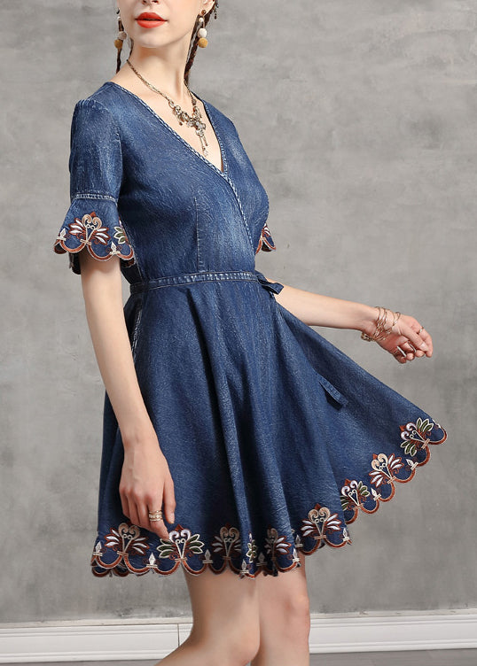 Unique Blue Tie Waist V Neck Embroideried Cotton Denim Dress Flare Sleeve